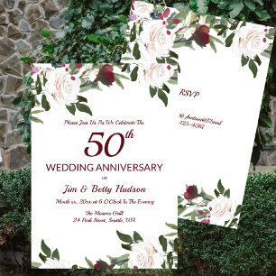 Invitation Fête du 50e Anniversaire de Mariage Roses Blanches