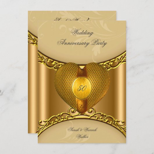 Invitation Fête du 50e Anniversaire Élégant Or Cœur Doré (Devant / Derrière)