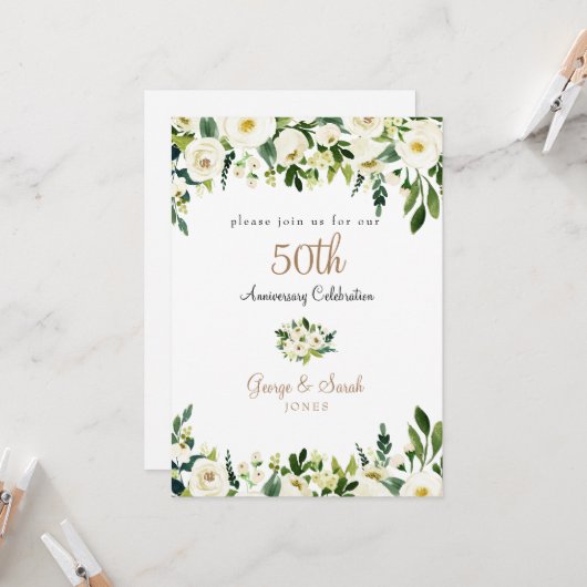 Invitation Fête du 50e Anniversaire Fleurs Blanches (Devant/Arrière en situation)
