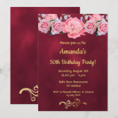 Invitation fête du 50e anniversaire fleurs roses bordeaux (Devant / Derrière)
