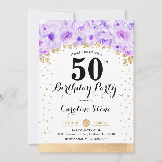 Invitation Fête du 50e anniversaire - Gold Purple Flowers (Devant)