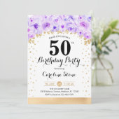 Invitation Fête du 50e anniversaire - Gold Purple Flowers (Debout devant)