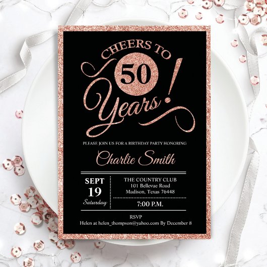Invitation Fête du 50e anniversaire - Rose Gold Black ANY AGE