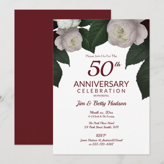 Invitation Fête du 50e Anniversaire Roses Blanches (Devant / Derrière)