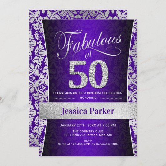 Invitation Fête du 50e anniversaire - Silver Purple (Devant / Derrière)