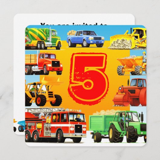 Invitation Fête du 5e anniversaire de Custom Boy's Constructi (Devant / Derrière)