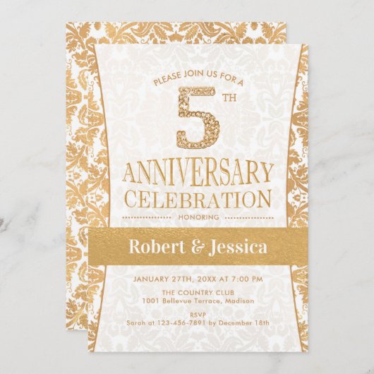 Invitation Fête du 5ème Anniversaire - Or Blanc (Devant / Derrière)