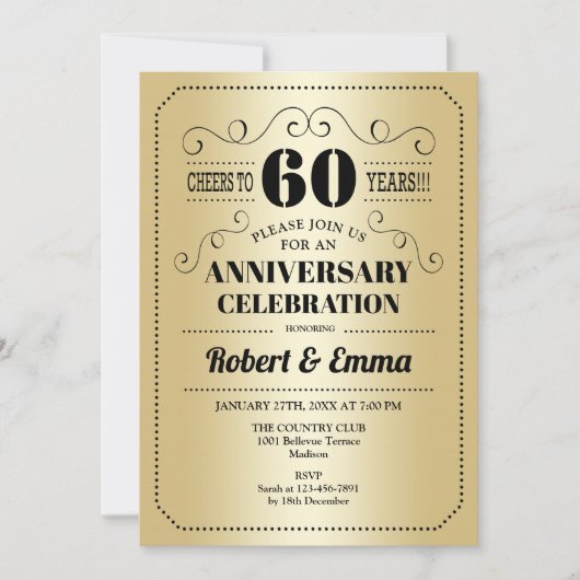 Invitation Fête du 60e anniversaire de mariage - Or Noir (Devant)