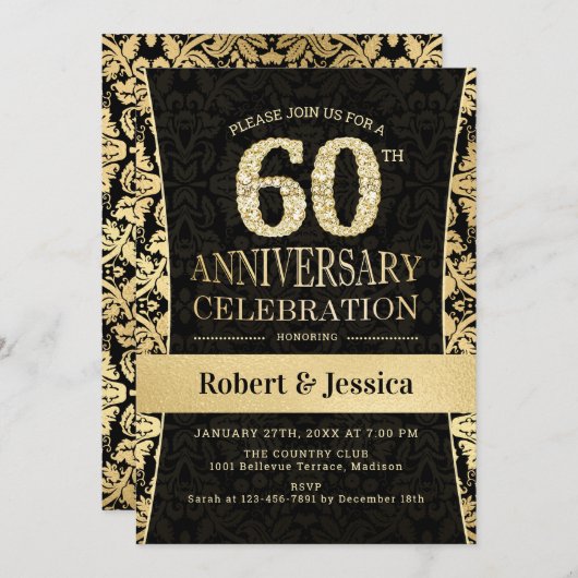 Invitation Fête du 60e anniversaire - Noir Or (Devant / Derrière)