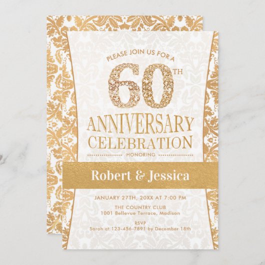 Invitation Fête du 60e Anniversaire - Or Blanc (Devant / Derrière)