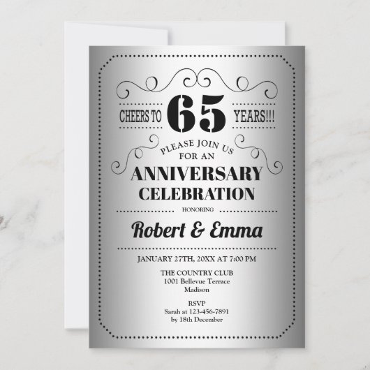 Invitation Fête du 65e anniversaire de mariage - Argent Noir (Devant)