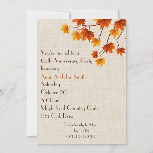 Invitation Fête du 65e Anniversaire Feuilles d'Automne (Devant)