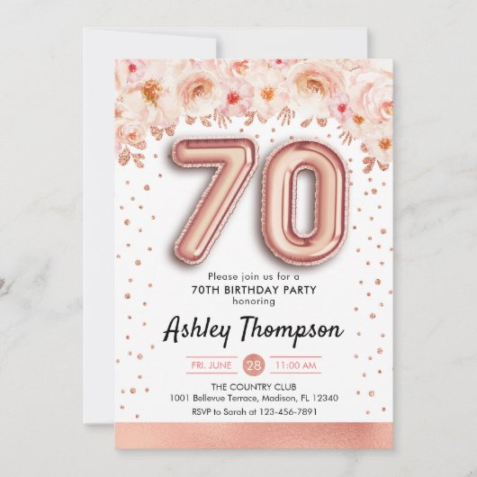 Invitation Fête du 70e anniversaire - Ballons d'or Rose (Devant)