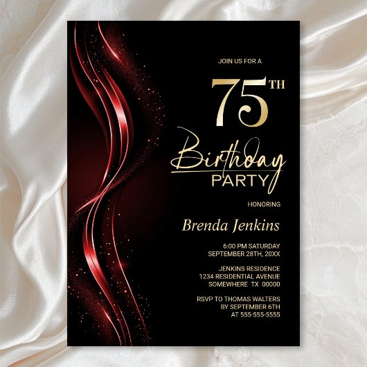Invitation Fête du 75e anniversaire, noir et rouge élégant