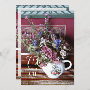Invitation Fête du 75e anniversaire, théière Vintage, violet