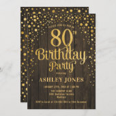 Invitation Fête du 80e anniversaire - Bois rustique & Or (Devant / Derrière)