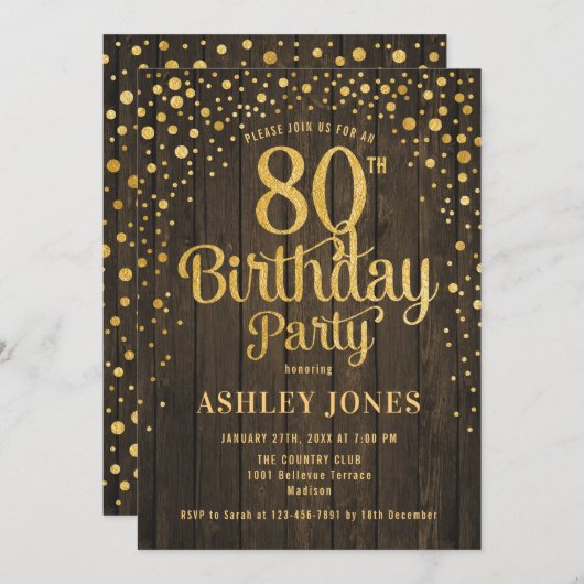 Invitation Fête du 80e anniversaire - Bois rustique & Or (Devant / Derrière)