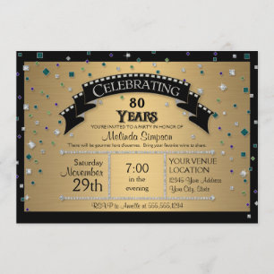 Invitation Fête du 80e anniversaire Faux Jewel Confetti