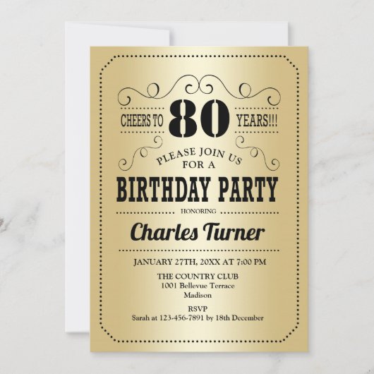 Invitation Fête du 80e anniversaire - Gold Black (Devant)