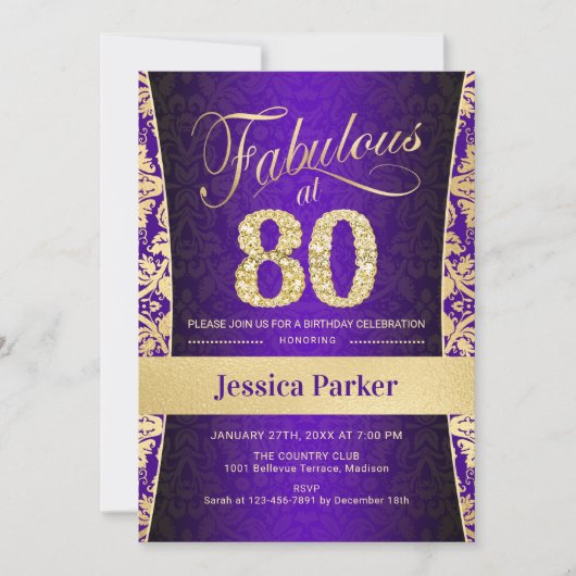 Invitation Fête du 80e anniversaire - Gold Purple (Devant)