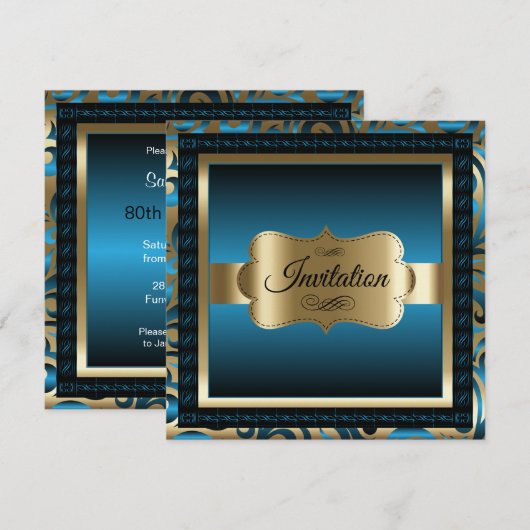 Invitation Fête du 80e anniversaire | Métal bleu et or (Devant / Derrière)