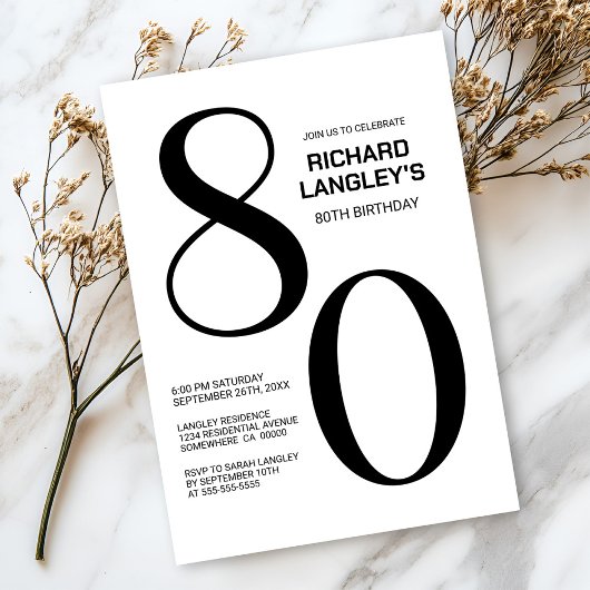 Invitation Fête du 80e anniversaire moderne noir et blanc
