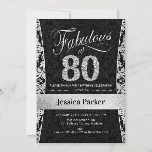 Invitation Fête du 80e anniversaire - Noir d'argent (Devant)