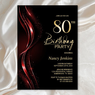 Invitation Fête du 80e anniversaire, noir et rouge élégant