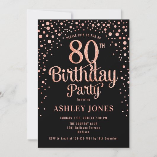 Invitation Fête du 80e anniversaire - Noir & Rose Gold (Devant)