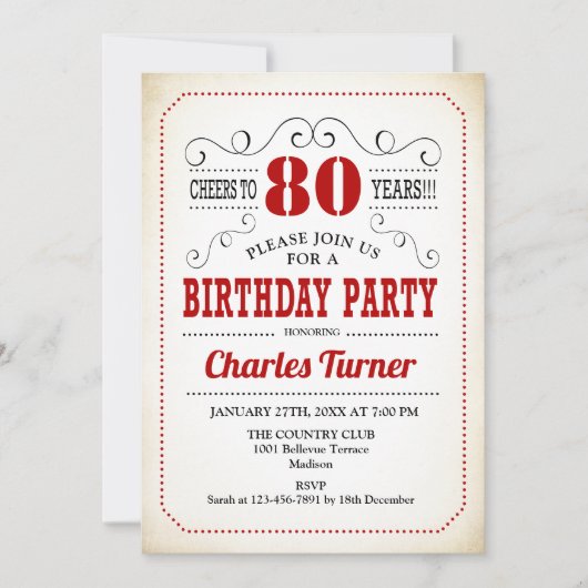 Invitation Fête du 80e anniversaire - Retro Crémeux Blanc et  (Devant)