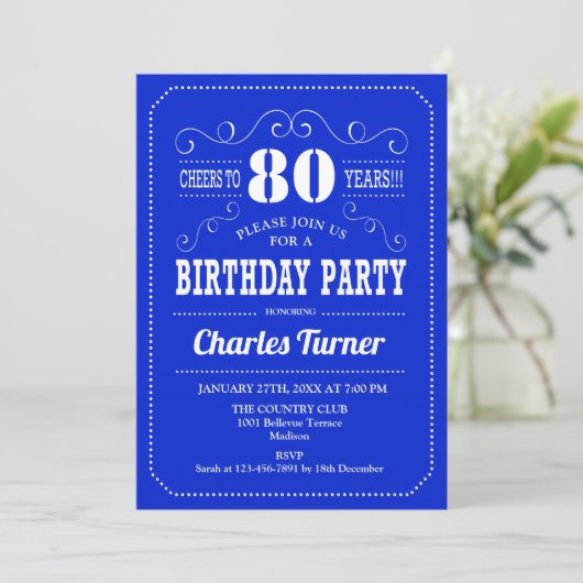 Invitation Fête du 80e anniversaire - Royal Blue White (Debout devant)