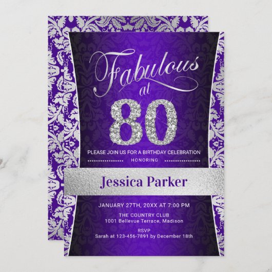 Invitation Fête du 80e anniversaire - Silver Purple (Devant / Derrière)