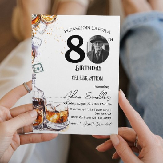 Invitation Fête du 80e anniversaire, whisky et boissons