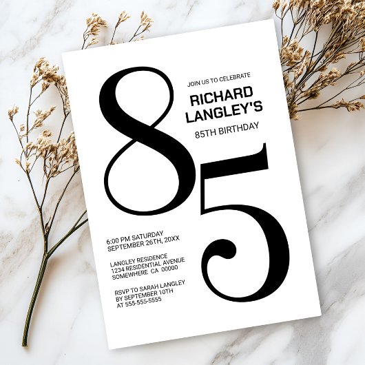 Invitation Fête du 85e anniversaire moderne noir et blanc