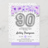 Invitation Fête du 90e anniversaire - Ballons d'argent violet (Devant / Derrière)
