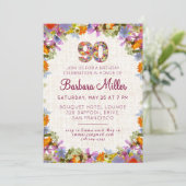 Invitation Fête du 90e anniversaire - Élégant lin design flor (Debout devant)