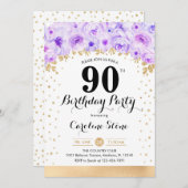 Invitation Fête du 90e anniversaire - Gold Purple Flowers (Devant / Derrière)