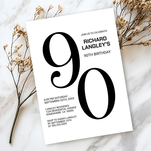 Invitation Fête du 90e anniversaire moderne noir et blanc