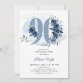 Invitation Fête du 90e anniversaire Nombre floral bleu côtier (Devant)