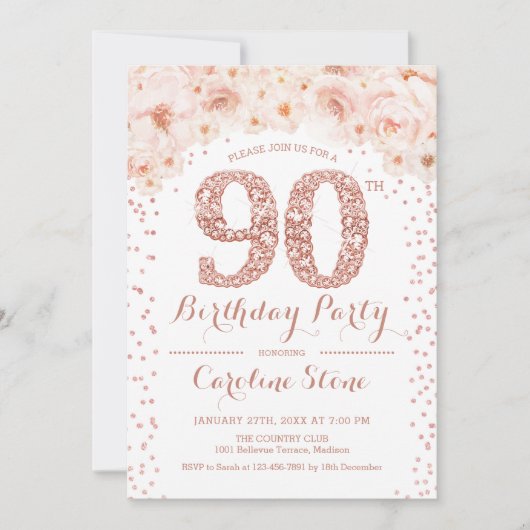 Invitation Fête du 90e anniversaire - Rose blanche Or (Devant)