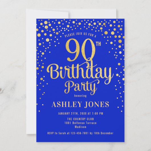 Invitation Fête du 90e anniversaire - Royal Blue & Gold (Devant)