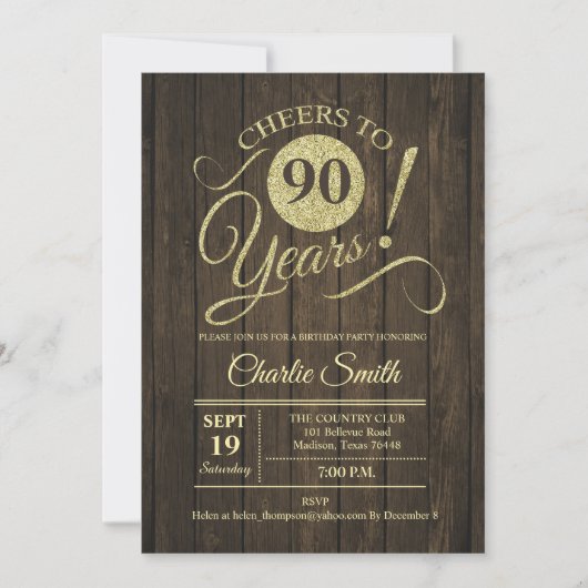 Invitation Fête du 90e anniversaire - Rustic Wood Gold (Devant)