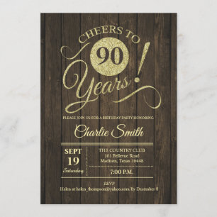 Invitation Fête du 90e anniversaire - Rustic Wood Gold