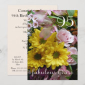 Invitation Fête du 95e anniversaire ! - Fleurs rose et jaune (Devant / Derrière)