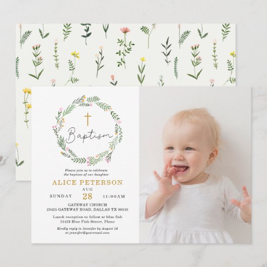 Invitation Fête du baptême de la fille fleur sauvage Photo (Devant / Derrière)