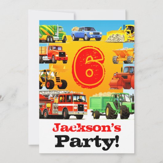 Invitation Fête du Camion de construction du 6e anniversaire (Devant)