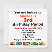 Invitation Fête du Camion de construction pour enfants du 3e  (Dos)