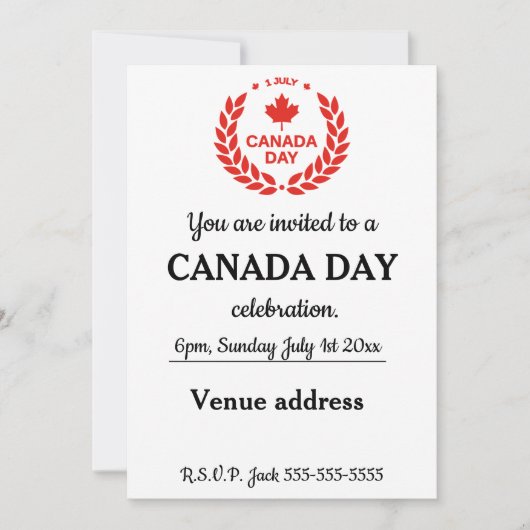 Invitation Fête du Canada, 1er juillet. (Devant)