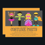Invitation Fête du costume<br><div class="desc">Ce design comprend quatre enfants costumés devant un arrière - plan gris foncé et au-dessus d'une boîte orange qui héberge les détails de votre fête.</div>