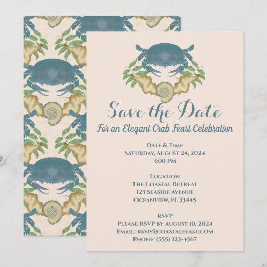 Invitation Fête du crabe Élégant Crabes bleus, Coquillages (Devant / Derrière)